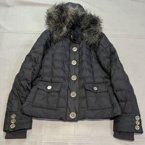 VTG Y2K Juicy Couture Black Quilted Double Down Puffer Jacket Faux Fur Hoodie S